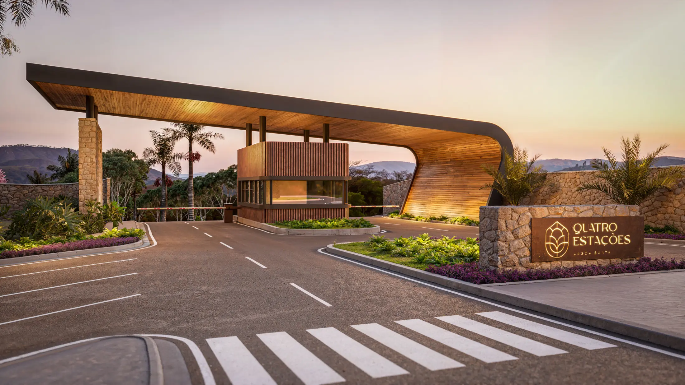 Portaria do Residencial Quatro Estações ao entardecer